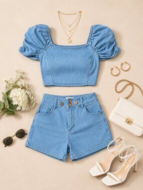 💎 Blue Denim Crop Top W/ Shorts 💎